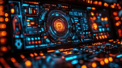 Obraz premium Futuristic control panel interface, glowing orange and blue lights, close-up, sci-fi background
