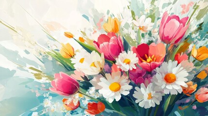 16121056 98 98.A vibrant illustration of a spring bouquet, with delicate pastel flowers like tulips and daisies, arranged in a dynamic, painterly brushstroke style. The bouquet appears to be formed