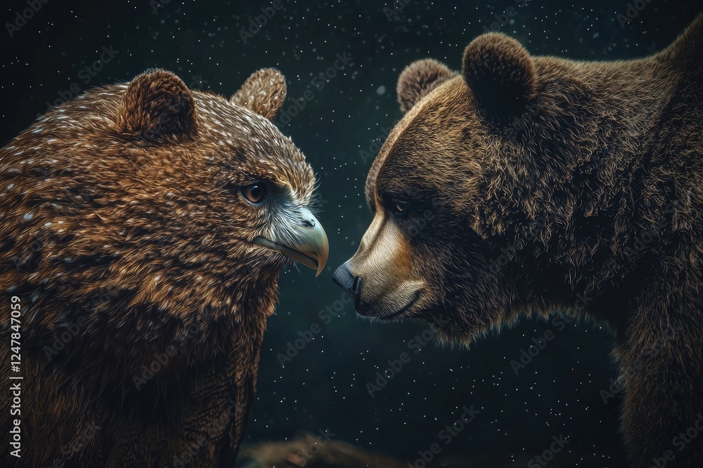 Wall mural Owl and Bear Face to Face in a Dark Setting