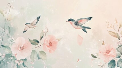 16121056 53 53.A whimsical and romantic illustration template with soft pastel flowers, intricate leaves, and flying birds, ideal for wedding invitations, event posters, and greeting cards for
