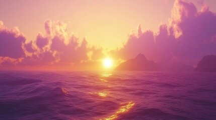 Ocean sunset, purple clouds, islands, calm waves, idyllic scene, travel poster