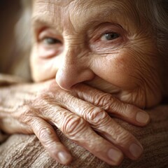 Fototapeta premium Elderly woman's portrait, hands clasped, indoors, soft light, nostalgic