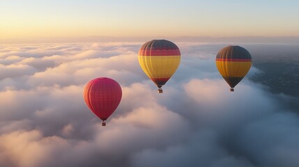 Fototapeta premium Sunrise hot air balloons soaring above cloudscape, aerial view, travel