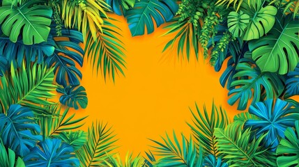Vibrant Tropical Foliage Frame on Amber Background Lush Greenery Border for Summer Designs