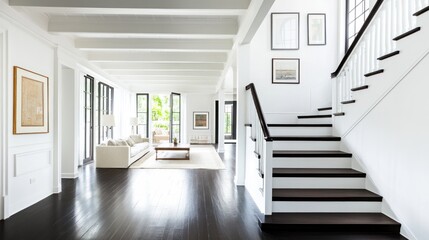Modern home's bright entryway, staircase, hardwood floors,  living room view, real estate listing