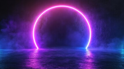 Vibrant neon circle in dark space with glowing reflections and ethereal smoke.