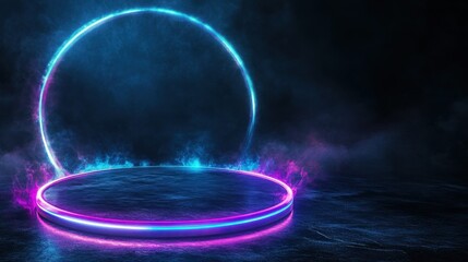 Vibrant neon circular frame with glowing effects on a dark background.