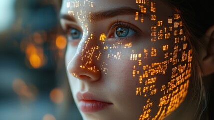 Futuristic Biometric Scanner Overlay A Woman's Face Scanned with Binary Code, Highlighting Advanced Facial Recognition Technology, Digital Identity Verification, Privacy Concerns in a Cyberpunk