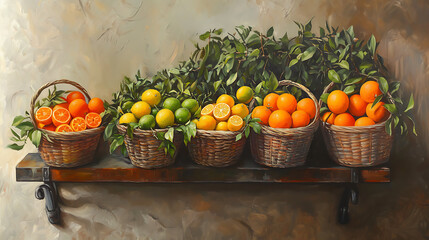Naklejka premium A beautifully arranged display of various citrus fruits in woven baskets, showcasing vibrant colors and fresh greenery, perfect for promoting healthy eating and natural flavors.