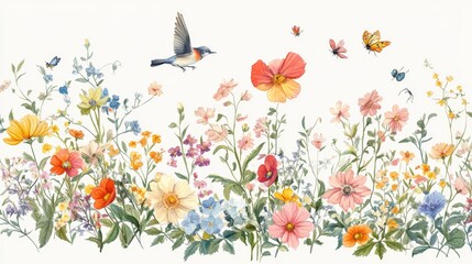 Fototapeta premium 16121056 51 51.A beautiful and detailed floral arrangement of colorful flowers, birds in mid-flight, fluttering bugs, and twigs, all delicately illustrated in a soft, romantic style perfect for