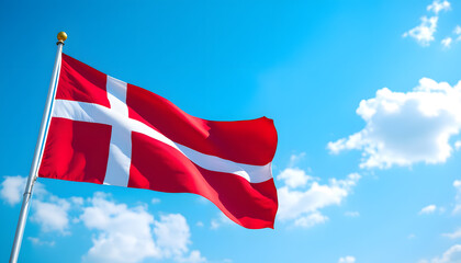 Danish Flag Waving in a Clear Blue Sky