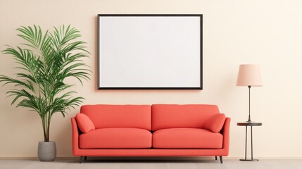 Modern living room with a stylish coral sofa, plant, lamp, and empty picture frame.