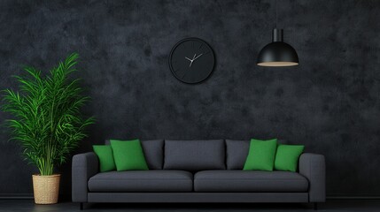Modern living room with dark walls, stylish couch, and elegant green accents.