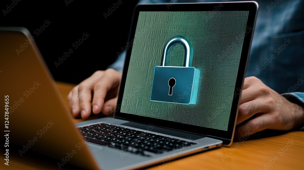 Poster secure data protection concept with laptop and lock symbol on screen