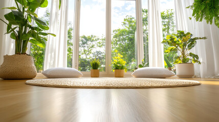 Fototapeta premium serene meditation nook with soft pillows, plants, and natural light