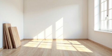 Fototapeta premium Sunlight streams into an empty room, illuminating light wood flooring and a stack of unfinished wooden planks leaning against a pristine white wall.