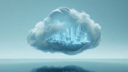 Cityscape inside cloud, futuristic, digital, reflection, concept, technology, background, illustration, data storage