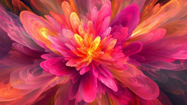 16121056 90 90.A bold and energetic abstract depiction of a flower, created using vivid pink, orange, and red colors that explode outward with digital extrusion effects, offering a dynamic and modern