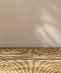 Empty traditional Japanese room with tatami mat floor in dappled sunlight on beige brown wall for...