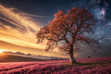 Surreal Crimson Sunset: A Dreamlike Landscape of Crimson Trees and Golden Sky