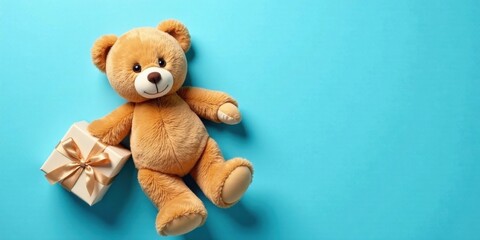 Adorable plush bear playfully presenting a gift against a vibrant blue backdrop