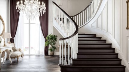 Elegant home's grand staircase, entryway, chandelier, window view