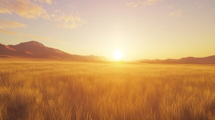 Golden sunset over grassy plains, mountains backdrop, serene landscape, travel brochure