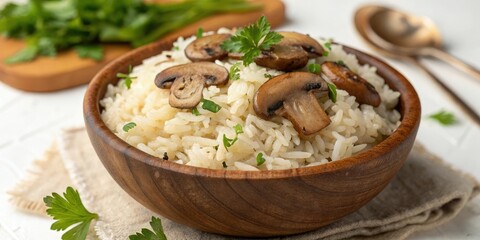Freshly cooked rice with a variety of mushrooms and chopped parsley served in a rustic wooden bowl, mushrooms, wood