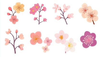 16121056 37 37.Sakura, cherry, plum, apricot, peach, apple blossoms, flowers, floral design elements collection, clipart set, isolated on white. Flat style vector illustration. Spring promotion sale