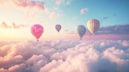 Fototapeta premium Colorful hot air balloons soar above clouds at sunset, peaceful travel scene