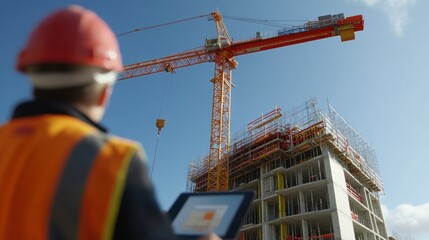 Engineer inspecting skyscraper construction site using tablet