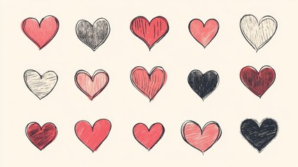 16121056 15 15.A collection of hearts in various styles, from bold solid shapes to delicate line art, featuring soft corners and uniform spacing, displayed against a clean, neutral background.