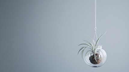 Air plant hanging glass terrarium, minimalist grey background, home decor