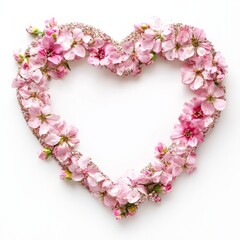 A heart-shaped picture frame made of pink flowers and glitter accents, on isolated white background