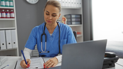 Woman in medical uniform writing at desk in clinic with laptop and stethoscope showcasing a professional healthcare setting focusing on patient care documentation indoors.