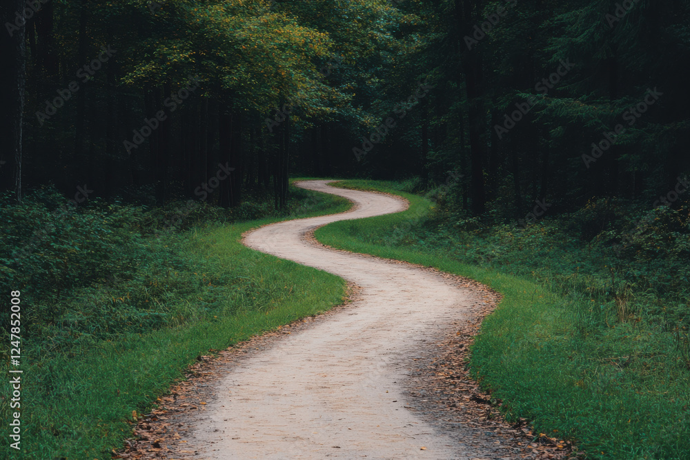 Poster a winding path through a forest with a lot of trees