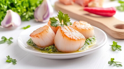 Seared scallops on plate with green sauce, garnished with herbs and chili. delicious and elegant seafood dish