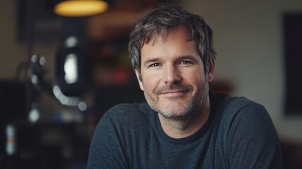 Smiling man portrait, home office, podcast setup, background blur, website profile