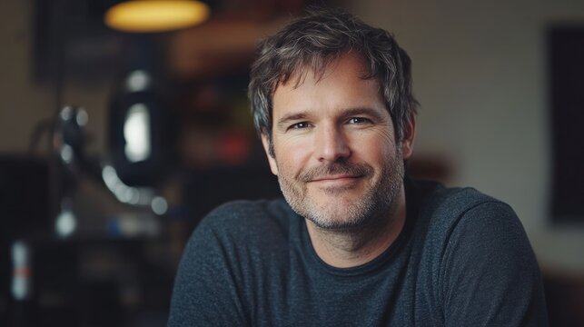 Smiling man portrait, home office, podcast setup, background blur, website profile