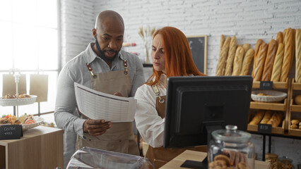Man and woman working together in a bakery shop, reviewing documents and looking at a computer monitor, surrounded by a variety of fresh bread and pastries in an indoor setting.