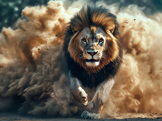 A lion is running through a cloud of dust