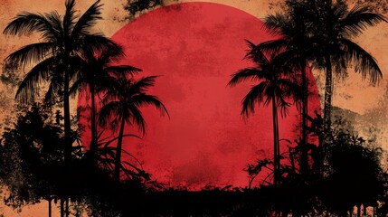 Fototapeta premium Crimson Sunset Tropical Palms Silhouette Grunge Texture Dramatic Landscape