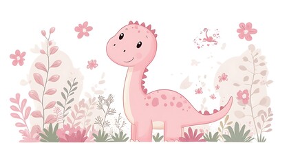Pink dino floral garden, cute kids illustration