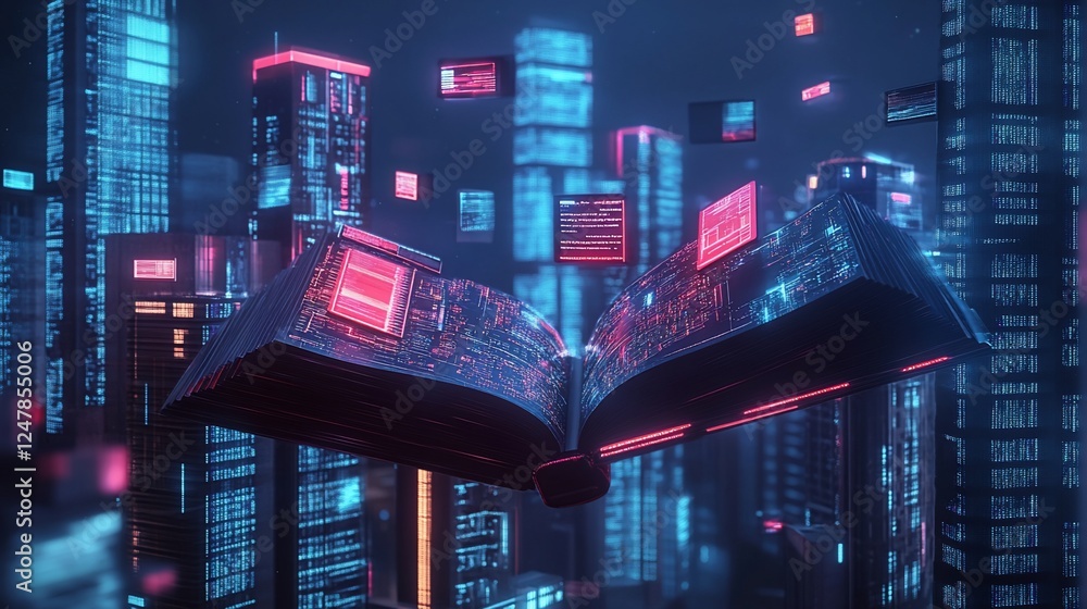 Poster digital knowledge city a futuristic open book in a neon data stream