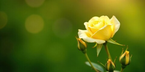Obraz premium A Single Pale Yellow Rose in Soft Sunlight, Surrounded by Buds, Against a Blurred Green Background