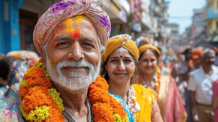 Fototapeta premium Villagers in rural India celebrating Holi together, with colorful powder on their faces and traditional attire, immersed in the joy of the festival.