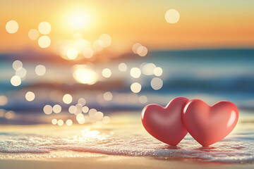 Two pink hearts on a beach at sunset, symbolizing love and romance.