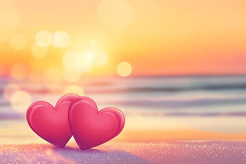 Two pink hearts on a beach at sunset, symbolizing love and romance.