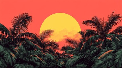 Tropical Sunset Silhouette Palm Trees Vibrant Orange Sky Summer Vacation Paradise
