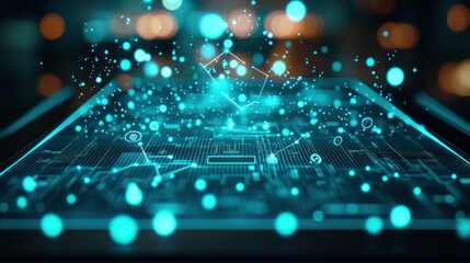 Futuristic data network on tablet, city bokeh